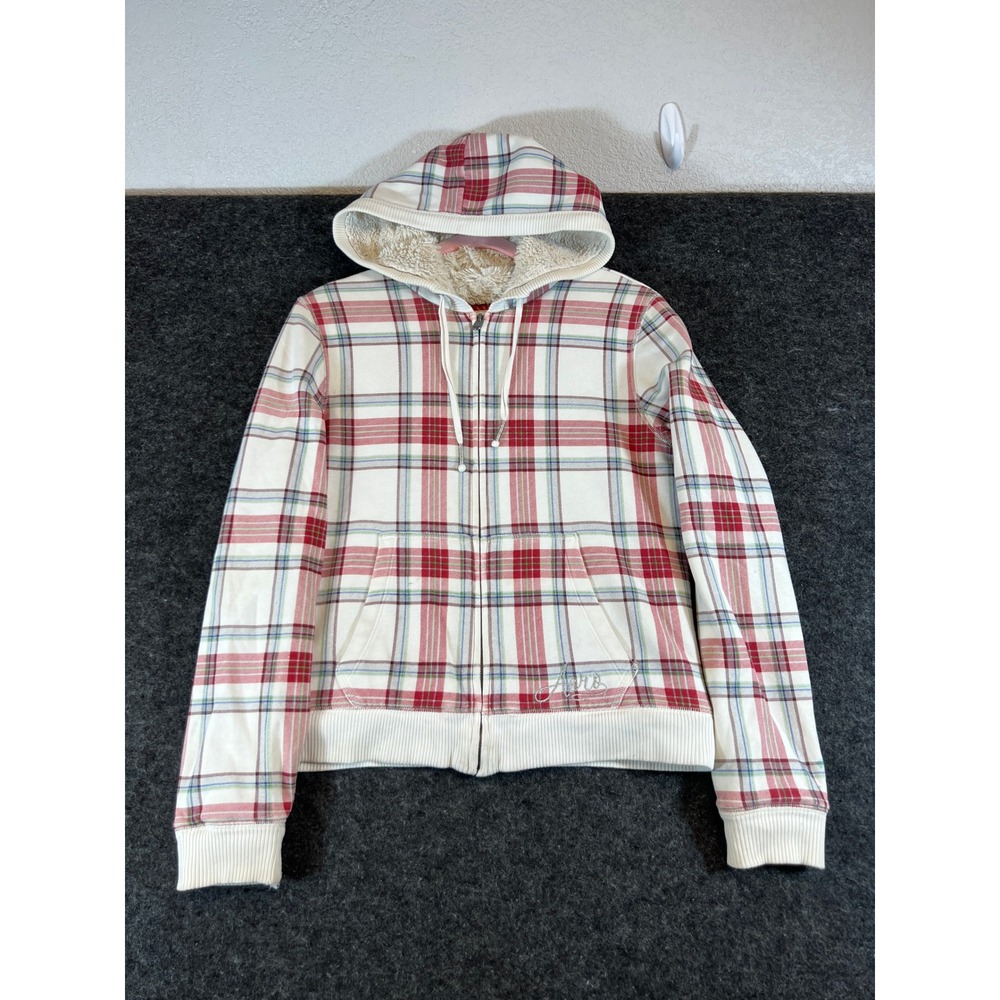 Aeropostale Plaid Faux Fur Lined Full Zip Up Hoodie Red Cream Womens XL